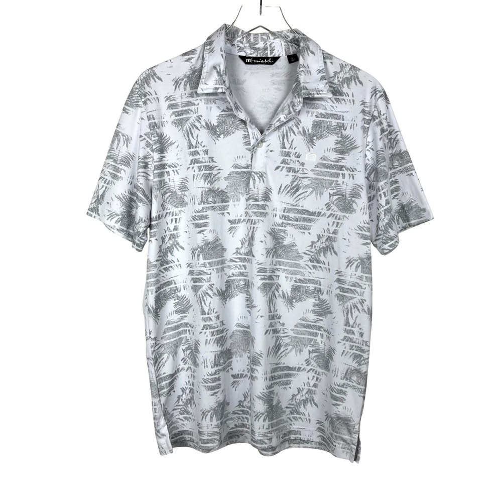 Travis Mathew Mens Polo Shirt White Grey Tropical Palm Print Pima Blend Large